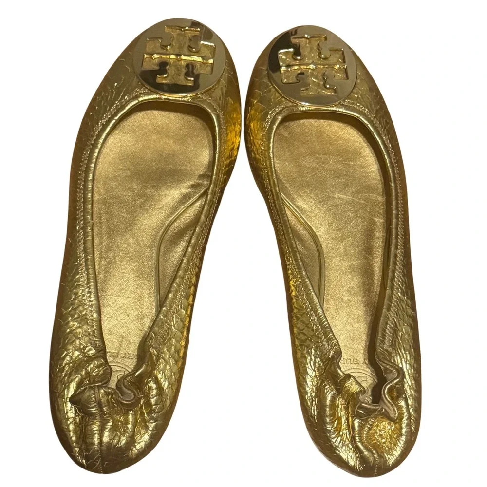 Tory Burch Reva Gold Metallic Fish Scales Ballet Flats Soft Leather Medallion 9M